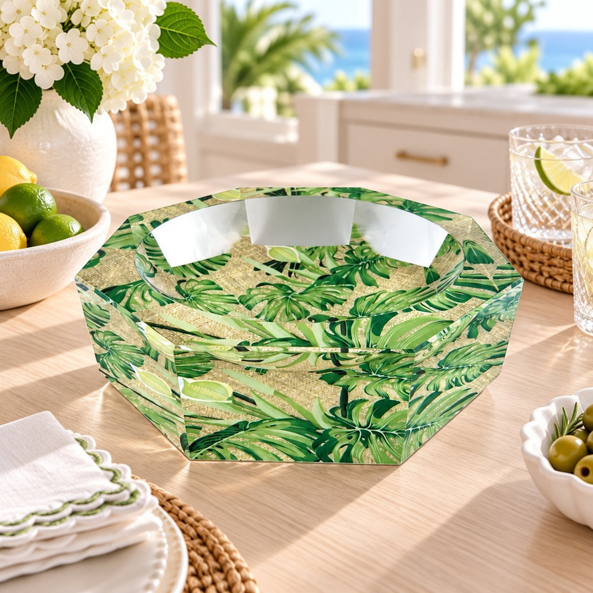 Octagonal Acrylic Accent Bowl, Palm Patch