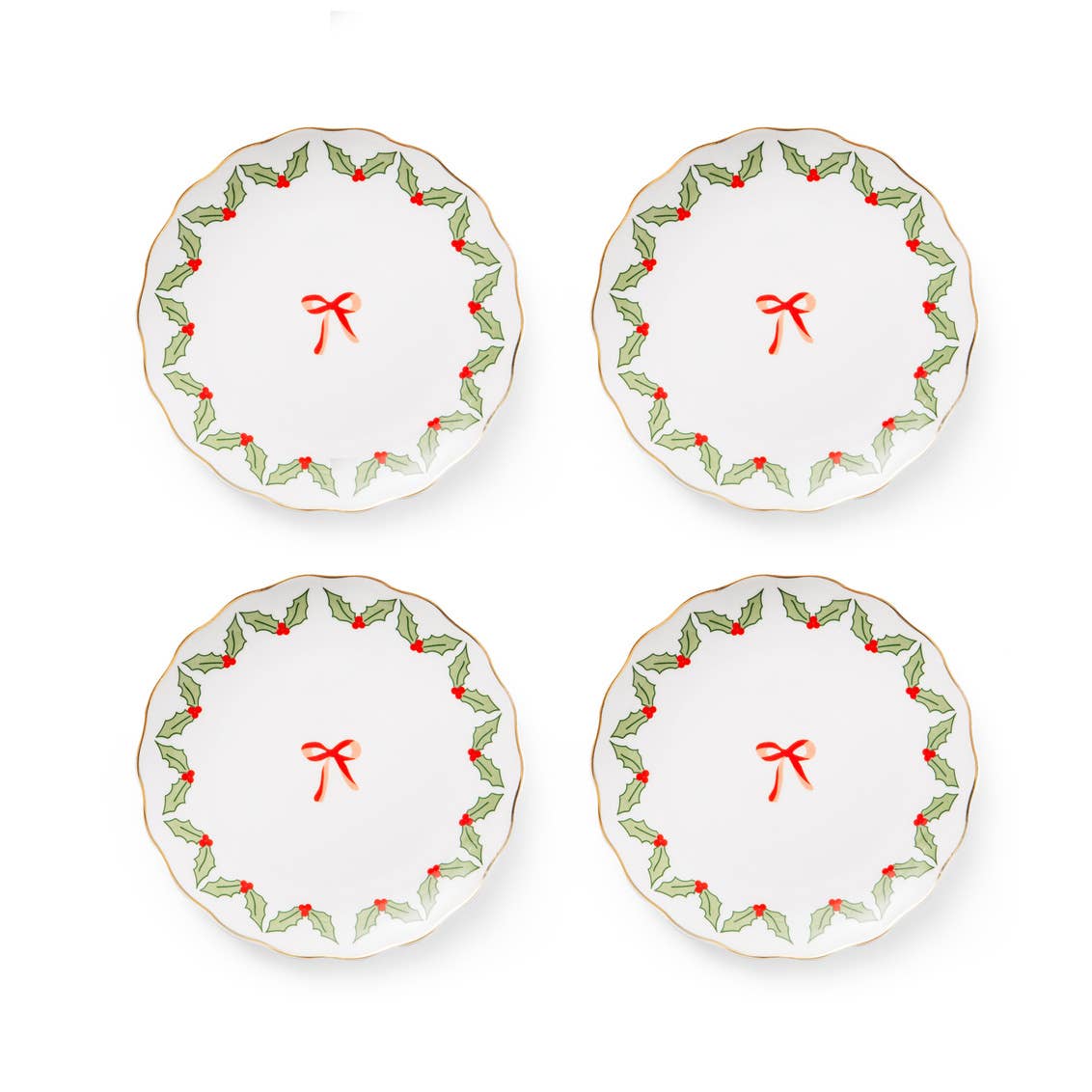 Set of Four Red Bow Wreath App Plates - Holiday - Christmas