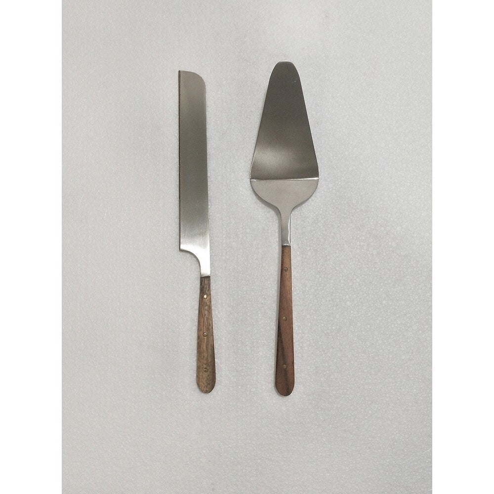 2pc Silver Cake Serving Set with Wood Handles