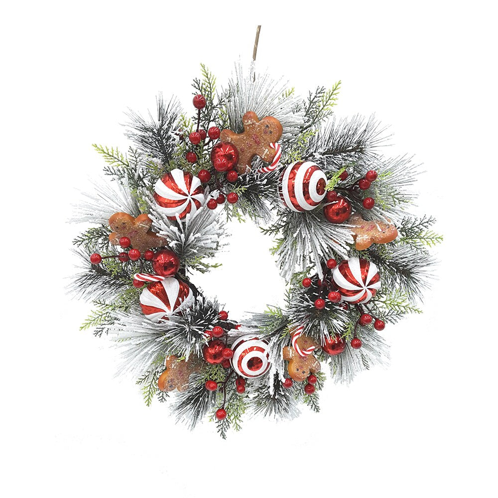 20" Unlit Gingerbread Flocked Green Wreath