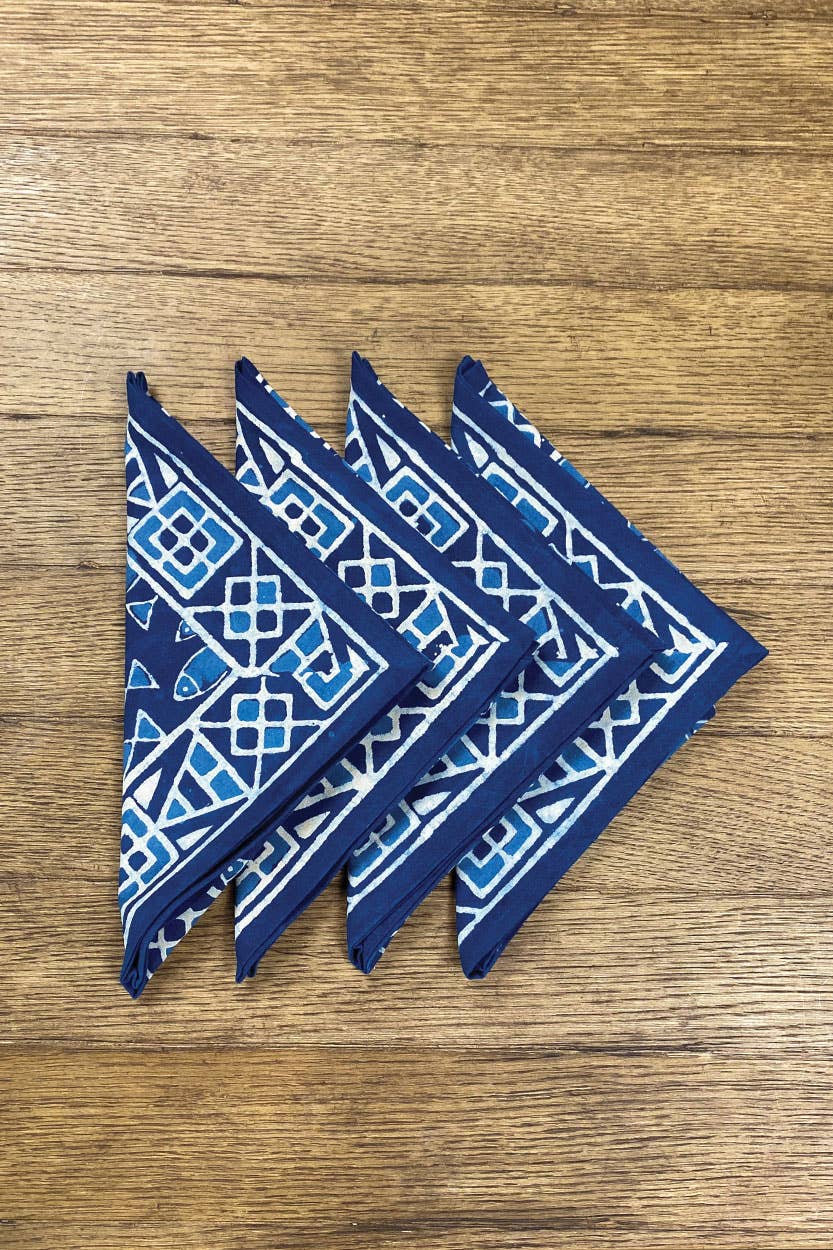 Indigo Fish Block Print Napkin / Set 4
