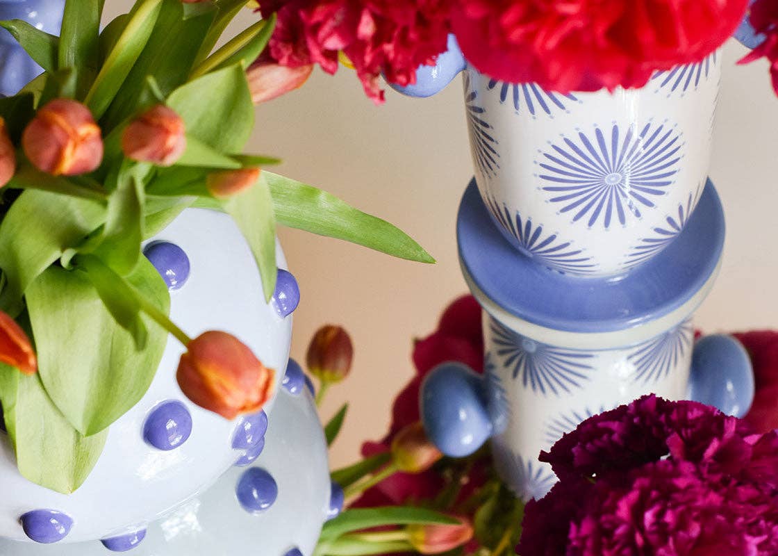 Iris Blue Large Cylinder Vase with Knob Handles