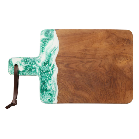 Austin Dark Green Swirled Resin and Natural Teak Serving Board, 8 x 16.5