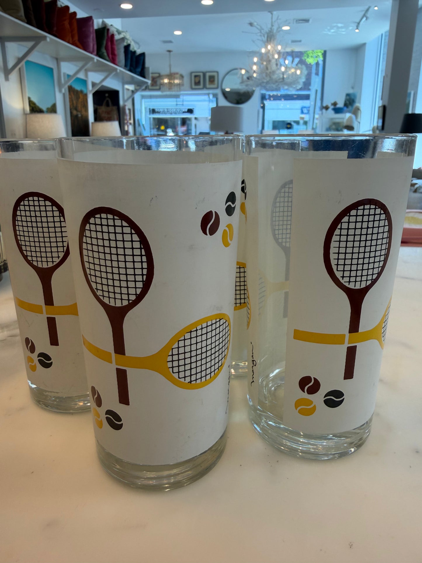 Vintage Brown/Yellow Tennis Glasses, Set of 4