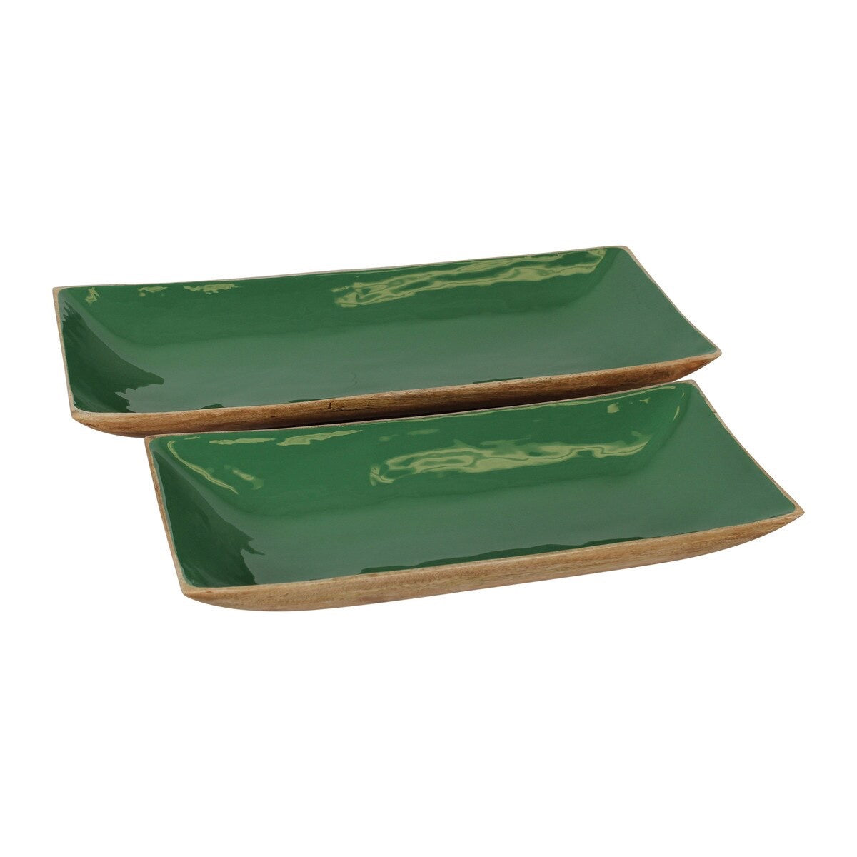 Enamel and Mangowood Rectangular Trays, 2 Piece Set Green/Natural