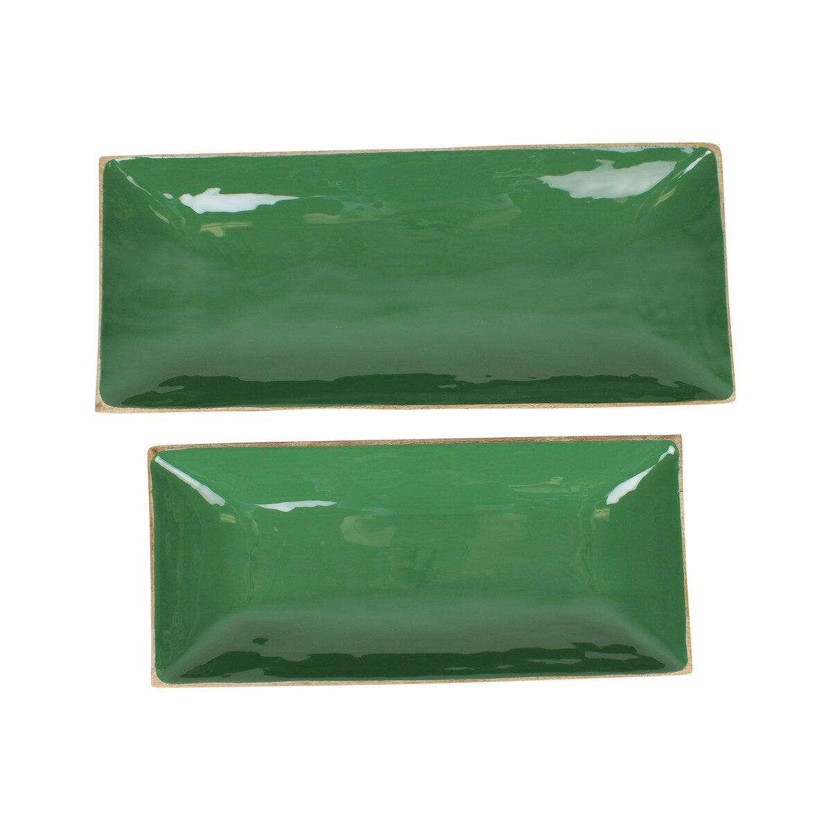 Enamel and Mangowood Rectangular Trays, 2 Piece Set Green/Natural