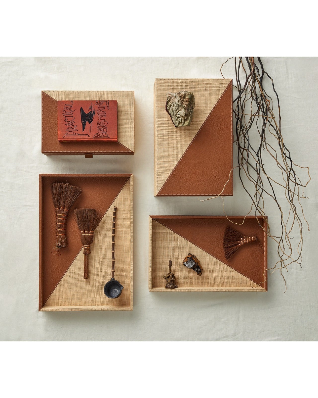 Raffia/Leather Boxes, Set of 2
