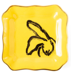 Bunny Portrait Plate with Hand-Painted Gold Rim, Yellow