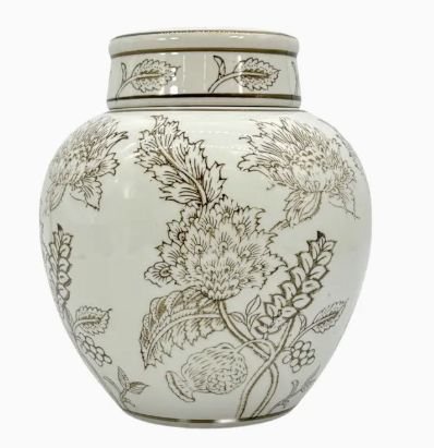 White & Brown Chinoiserie Ceramic Urn Style Jar 10"