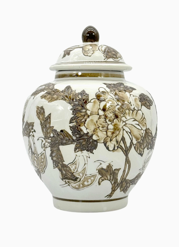 Brown & White Chinoiserie Ceramic Urn Style Jar 10"