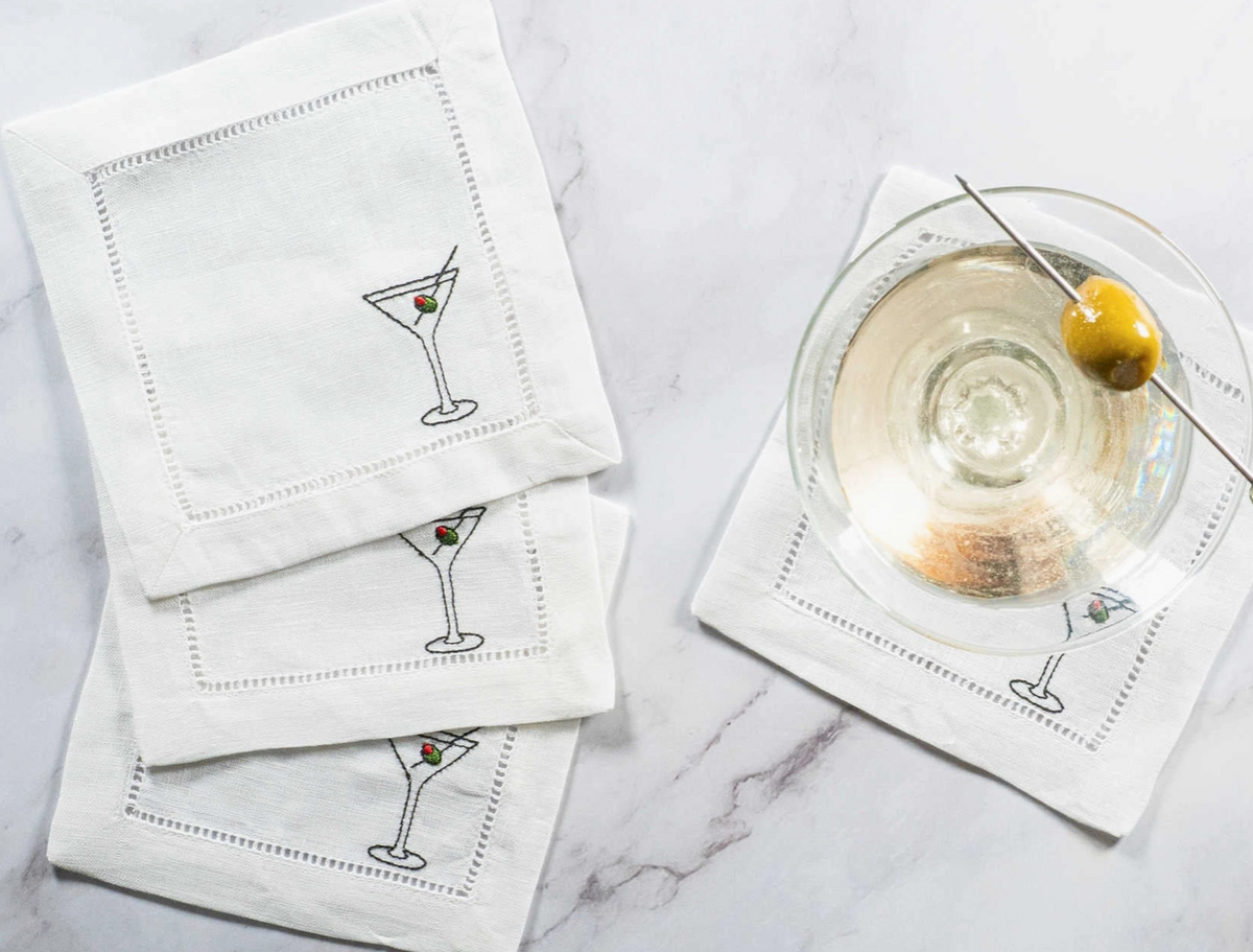 Embroidered Linen Cocktail Coasters, Set of Four- Martini
