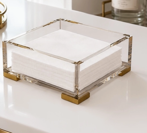 Clear Acrylic Cocktail Napkin Holder, Brass Corners