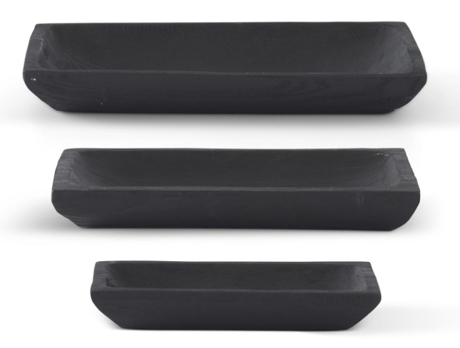 Set of 3 Carved Rectangular Paulownia Wood Trays