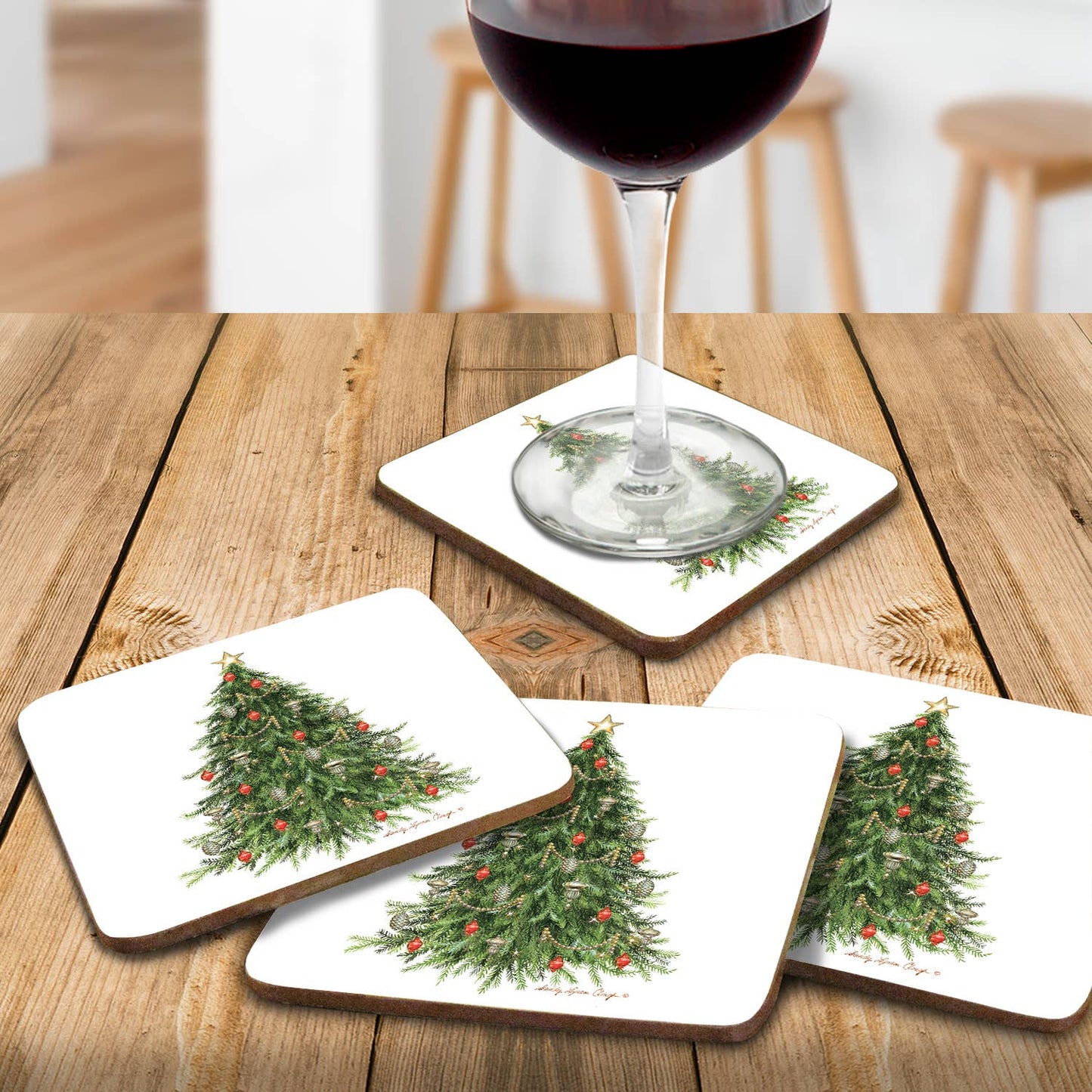 Cala Home O' Christmas Tree Decorative Hardboard Coaster 4pk