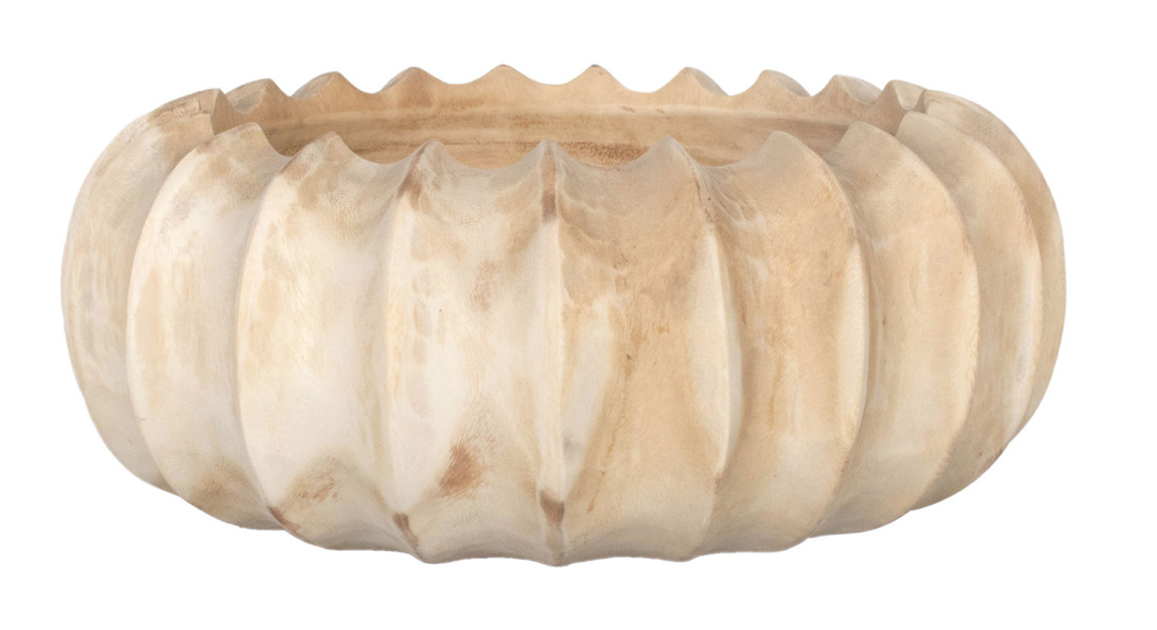 Scalloped Carved Wooden Bowl - Natural