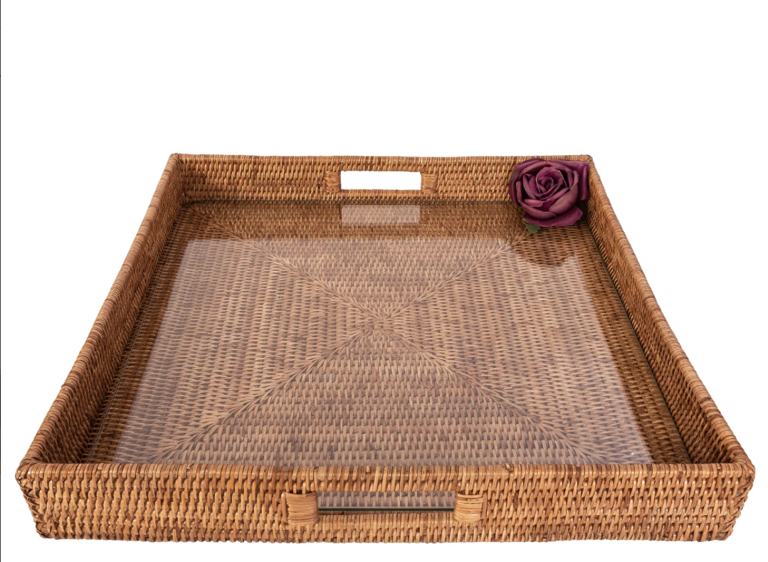 rattan serving ottoman tray with glass insert honey brown 20"