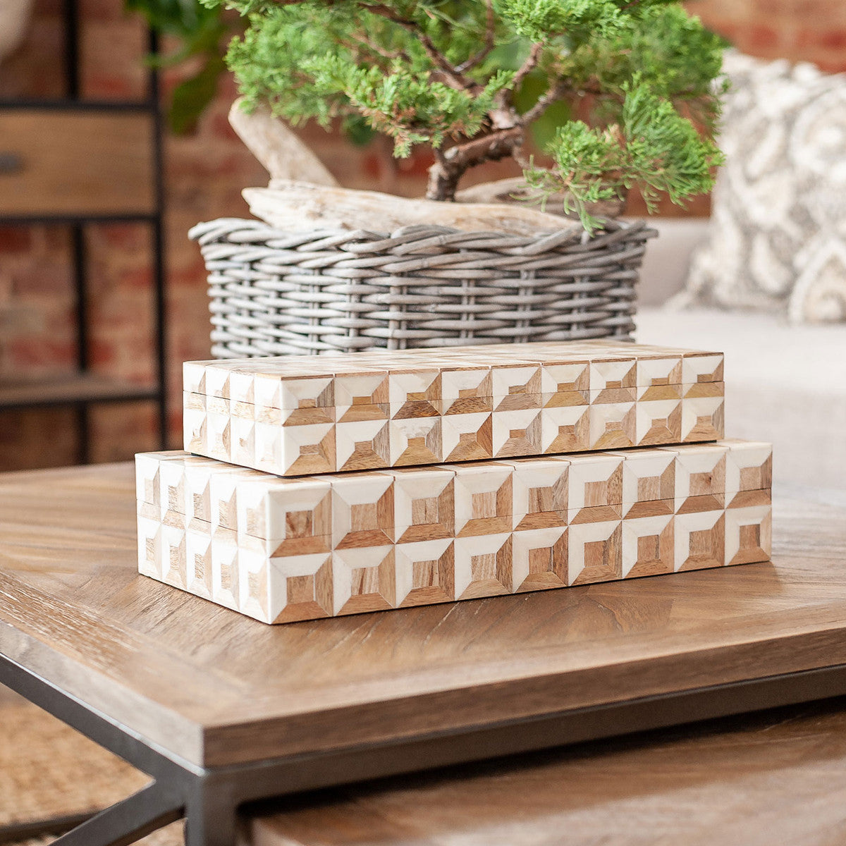 Naima Wood and Bone Decorative Box, White (Set of 2)