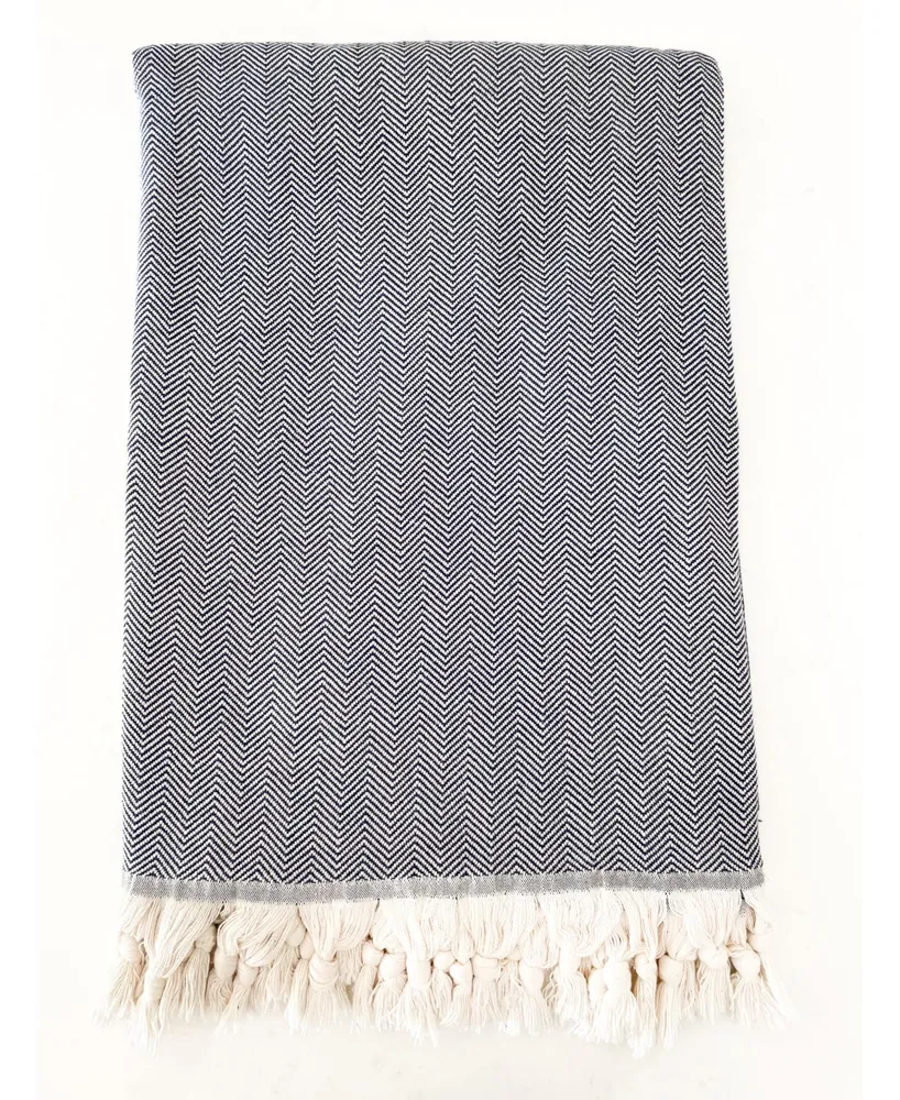 Turkish Cotton Herringbone Throw with Tassels, 55x75, Navy Blue