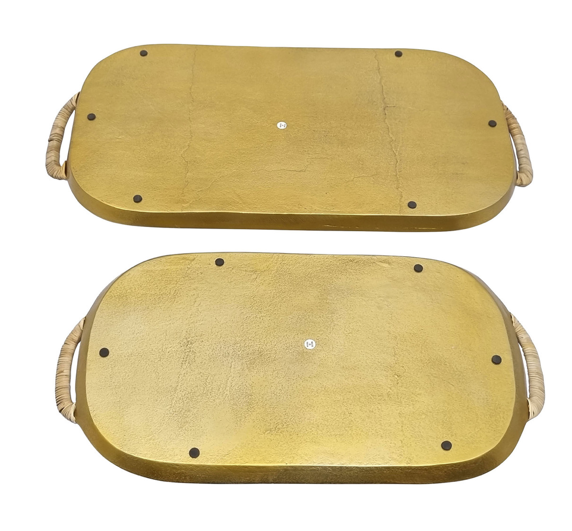 Enamel Metal Tray with Rattan Wrapped Handles - Set of 2