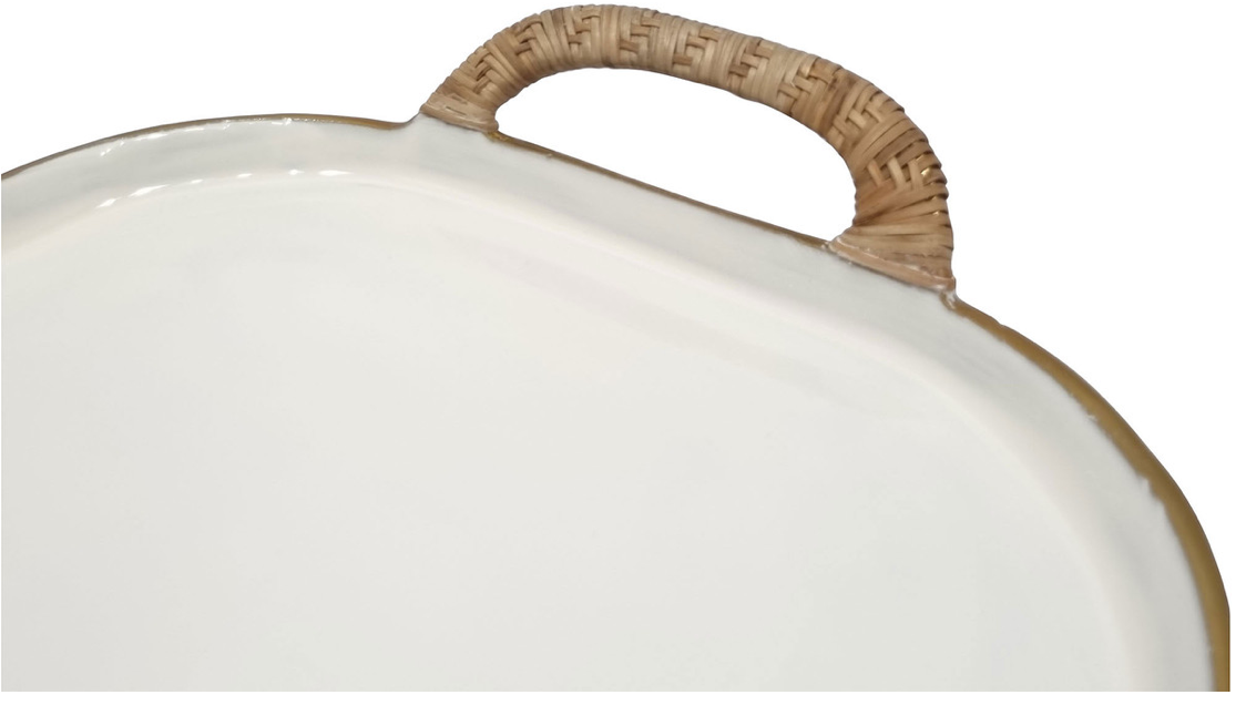 Enamel Metal Tray with Rattan Wrapped Handles - Set of 2