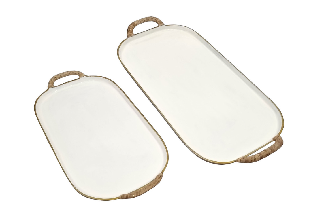 Enamel Metal Tray with Rattan Wrapped Handles - Set of 2