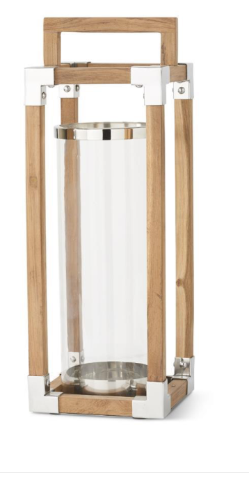 Teak Wood Open Lantern with Glass Cylinder/25.75"
