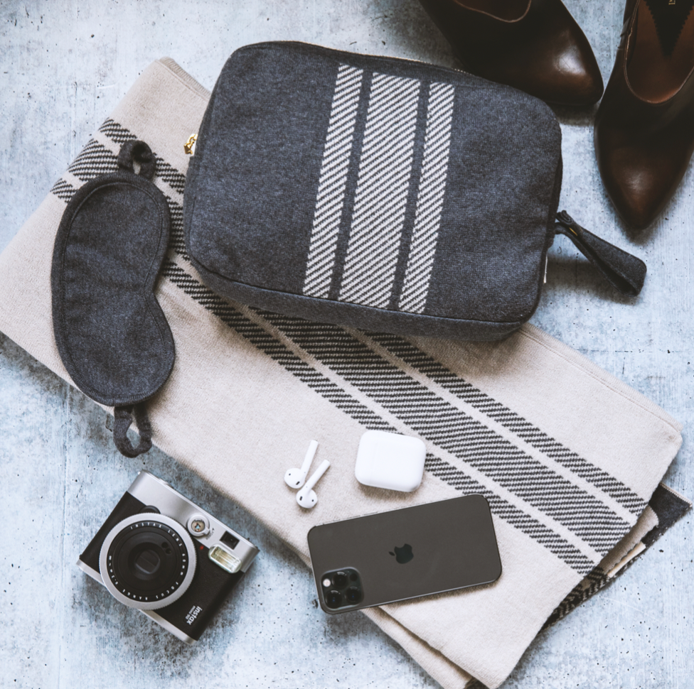 Grey Striped Travel Blanket Set