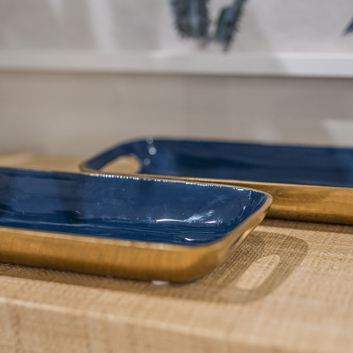 Navy & Brass Rectangular Enamel Trays, Set of 2