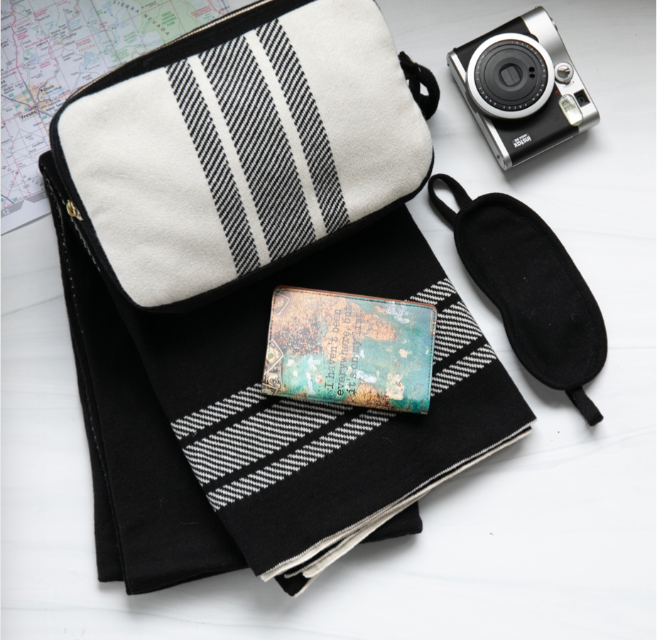 Black & White Striped Travel Blanket Set