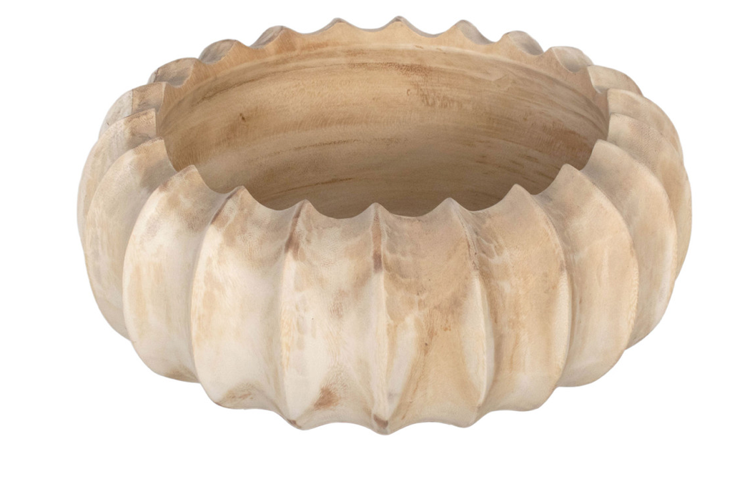 Scalloped Carved Wooden Bowl - Natural
