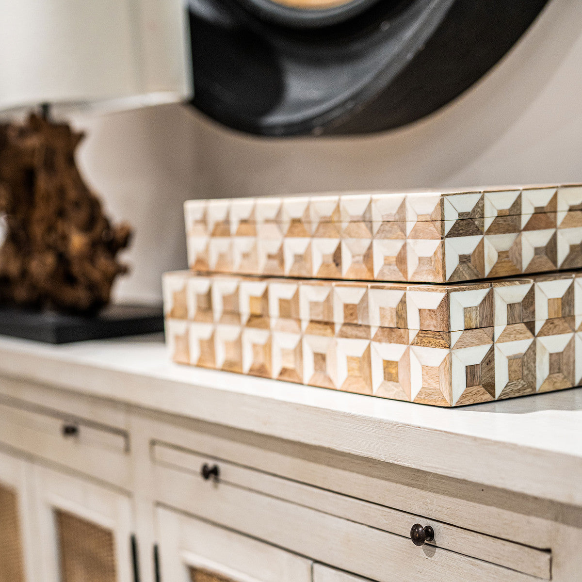 Naima Wood and Bone Decorative Box, White (Set of 2)