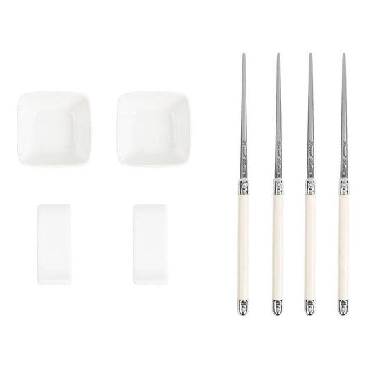 Ivory Colored Chopsticks & Ceramic Rests with Sauce Bowls
