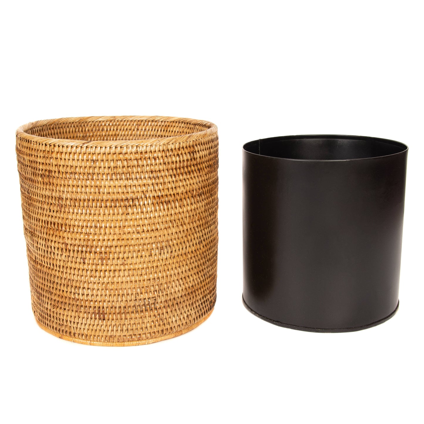 Artifacts Rattan™ Round Waste Basket with Metal Liner: Tudor Black