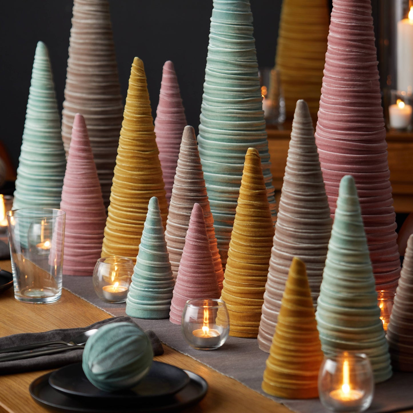 Cones Velvet Set of 3 Tablescape Mantel Best 25 Colors: Green