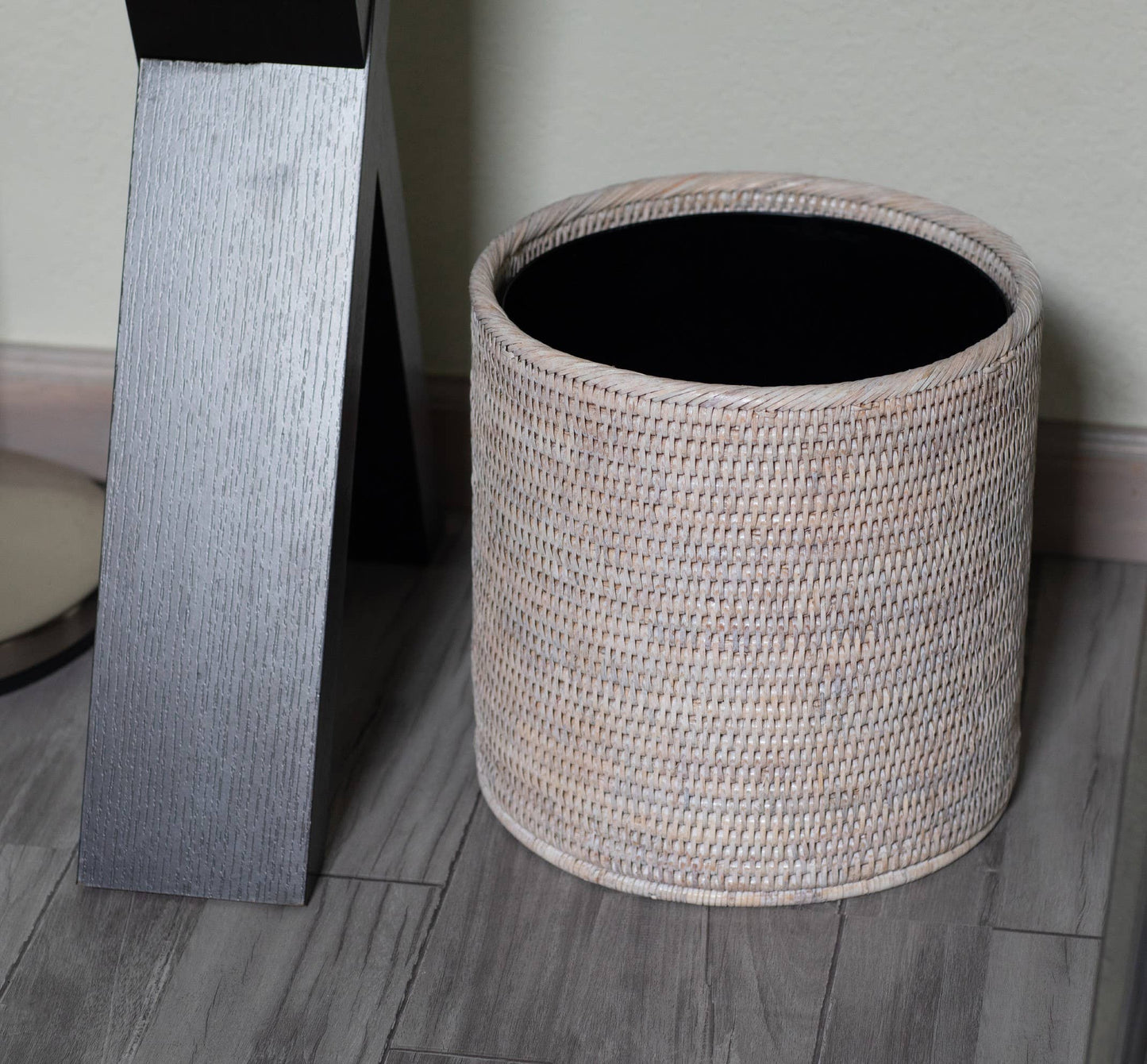 Artifacts Rattan™ Round Waste Basket with Metal Liner: Tudor Black