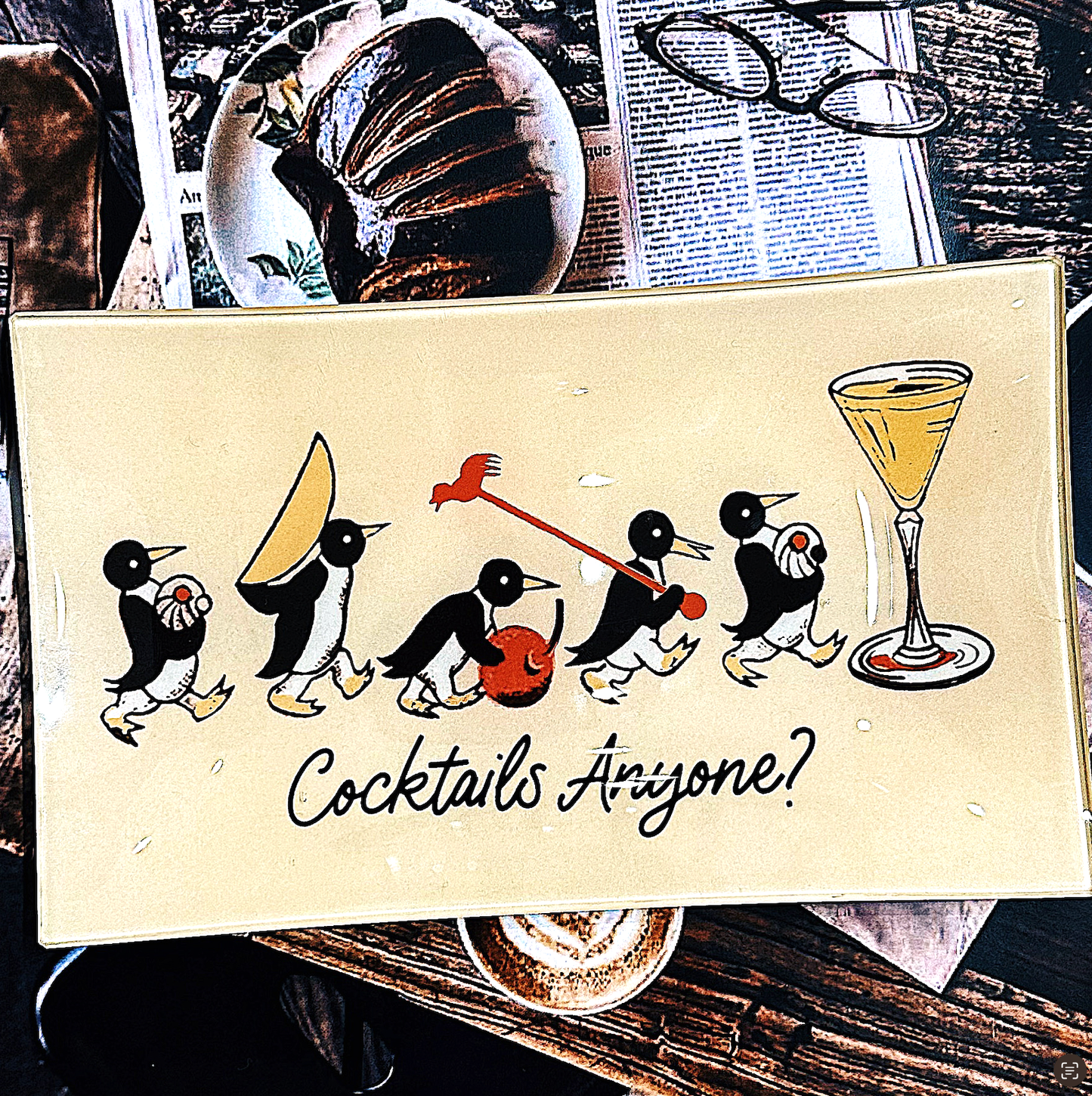 Penguins Marching Cocktails Anyone Decoupage Glass Tray: (2) 3.5"X 5.5"
