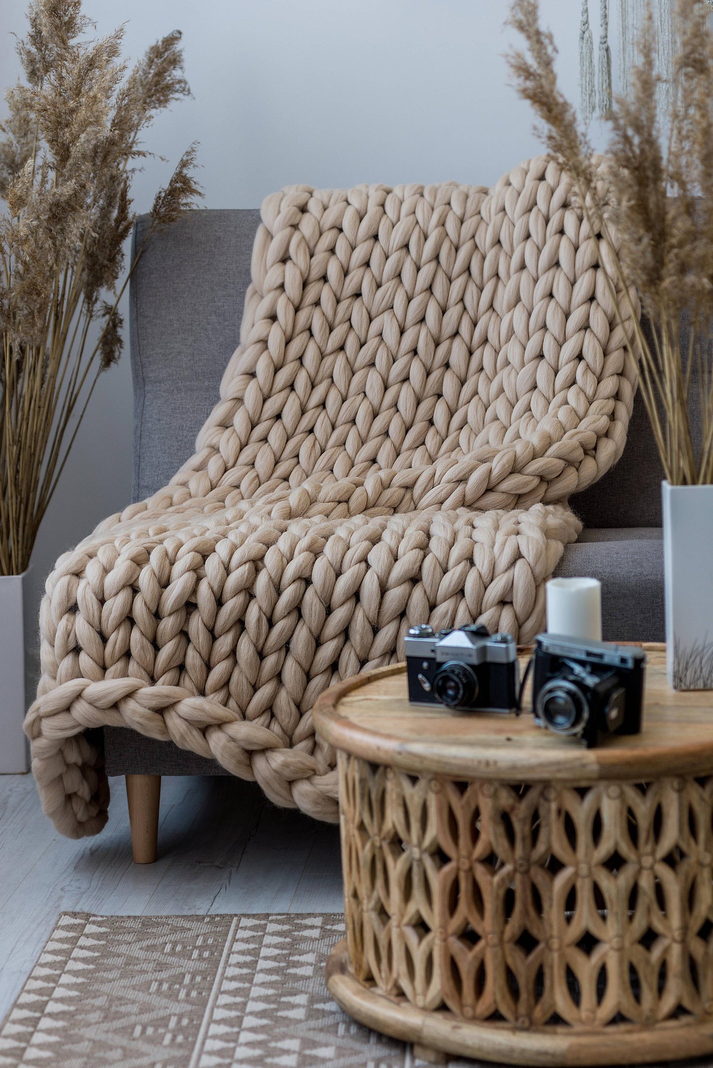Chunky Knit Blanket, Giant Blanket, 100% Wool Blanket: Dark grey / 30x50 inches