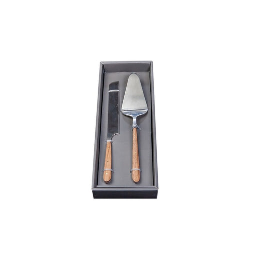 2pc Silver Cake Serving Set with Wood Handles