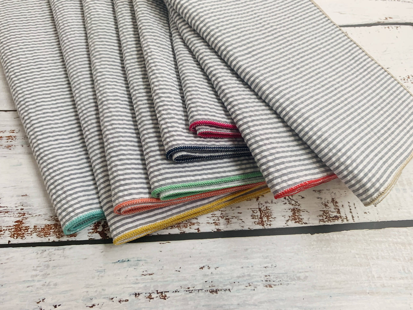 Grey Seersucker Everyday Cloth Napkins with Colorful Edges, set of 8