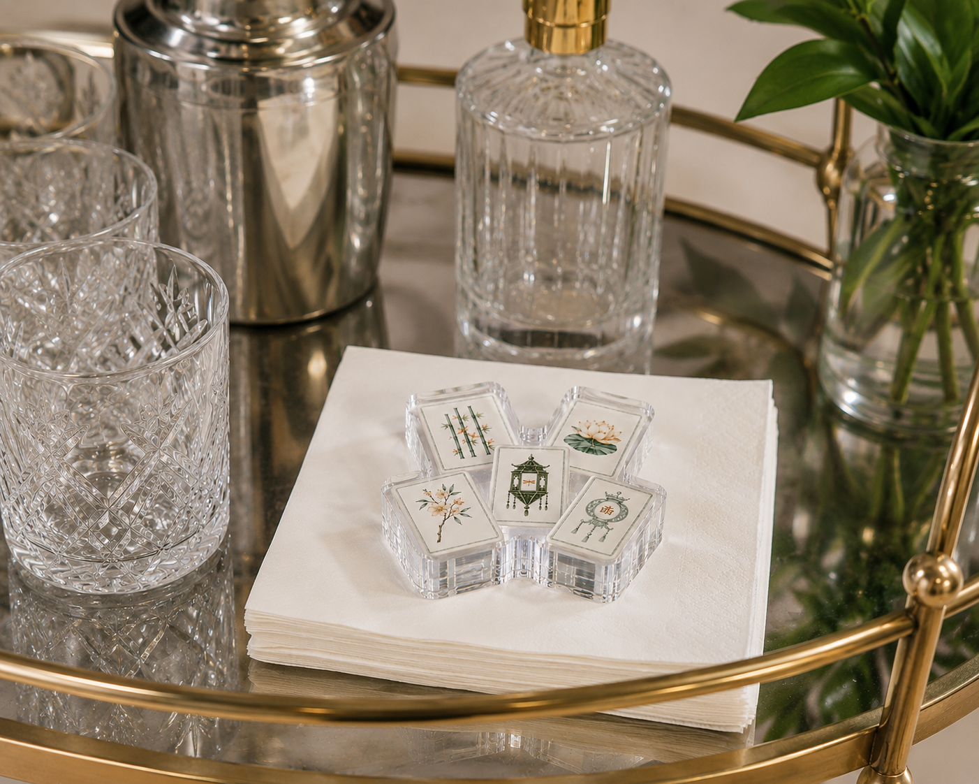 Acrylic Napkin Weight, Bamboo Lotus Mahjong