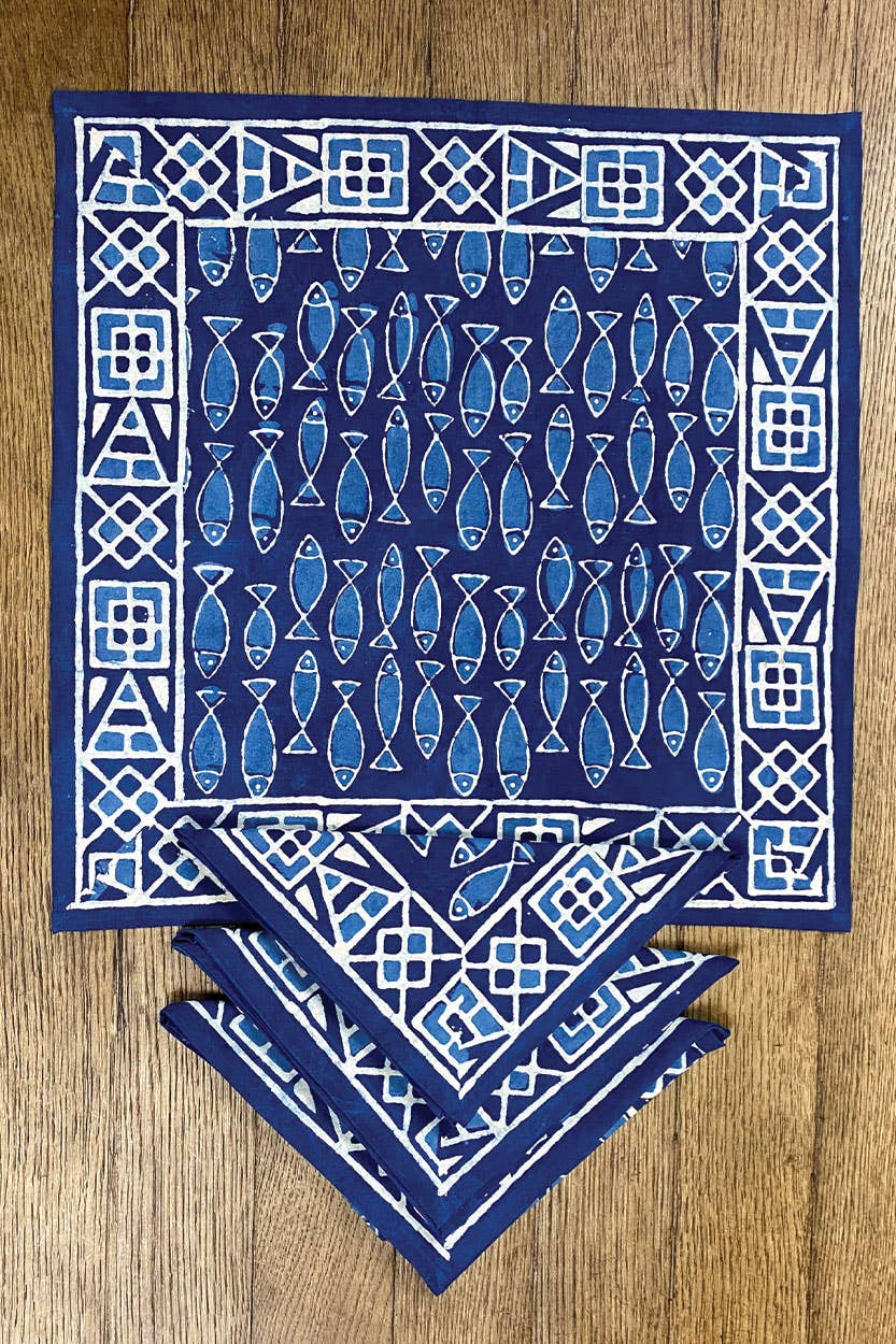 Indigo Fish Block Print  Napkin / Set 4