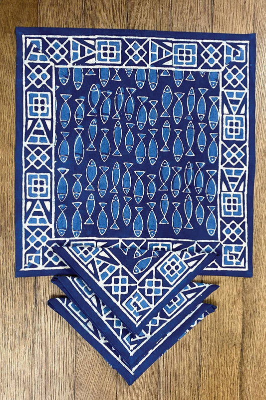 Indigo Fish Block Print  Napkin / Set 4