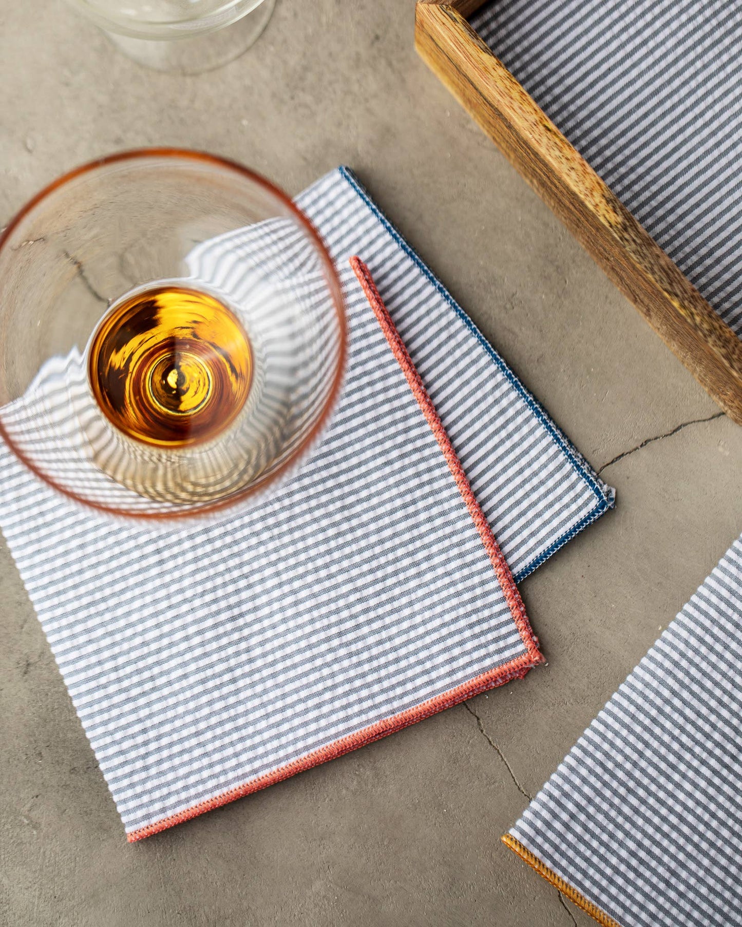 Grey Seersucker Everyday Cloth Napkins with Colorful Edges, set of 8