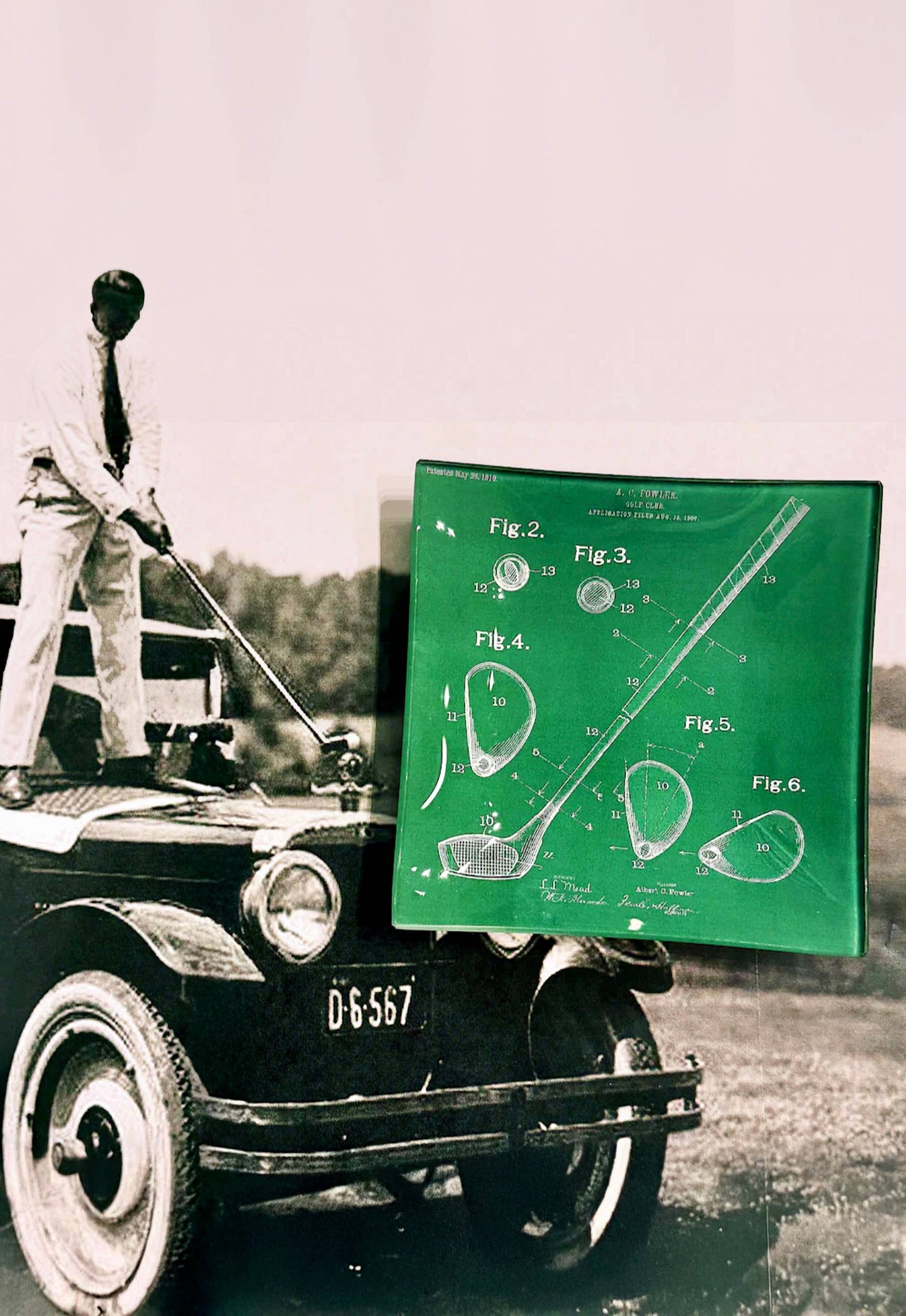 Golf Club Rendering Decoupage Glass Tray: 6"X 6"