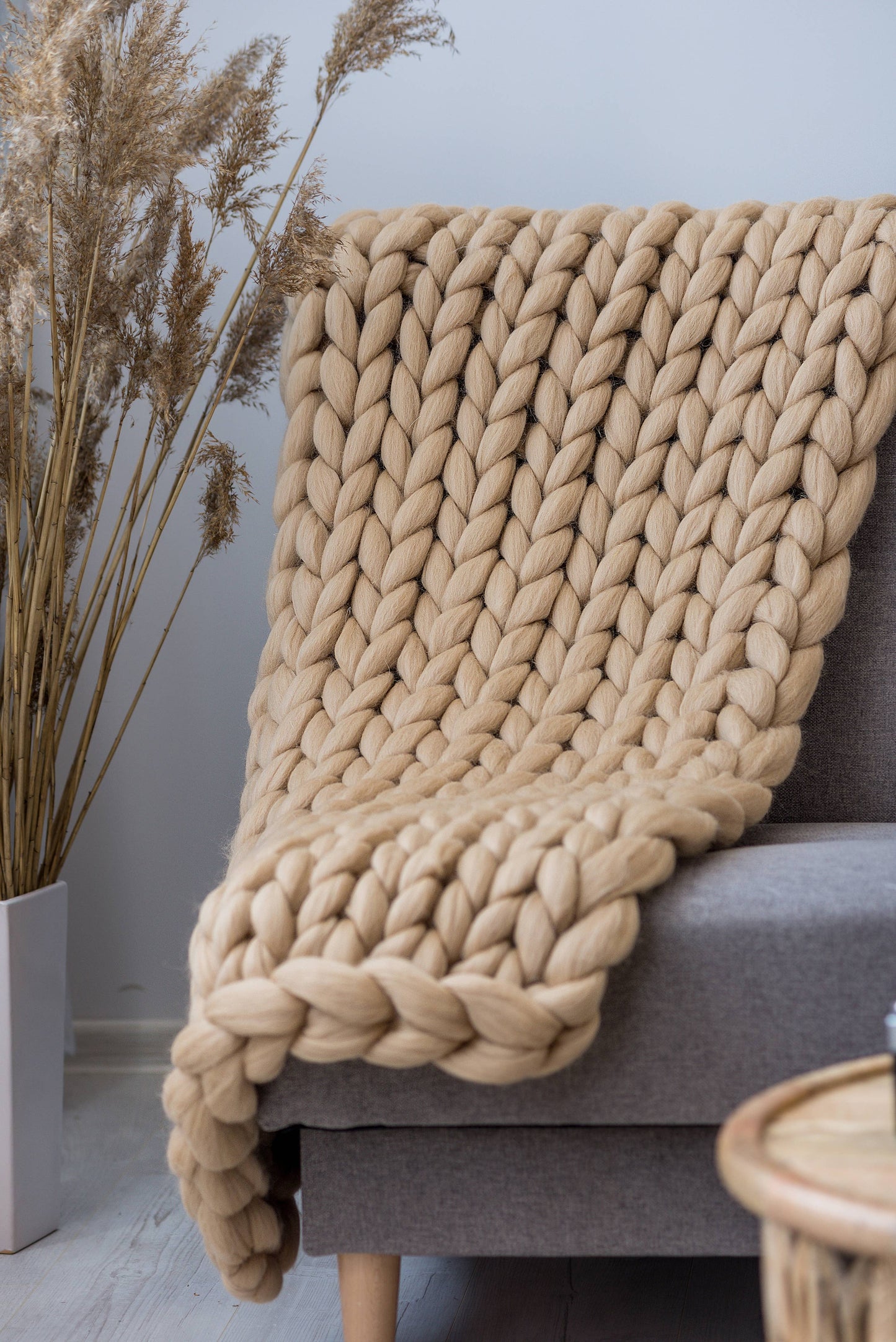 Chunky Knit Blanket, Giant Blanket, 100% Wool Blanket: Dark grey / 30x50 inches