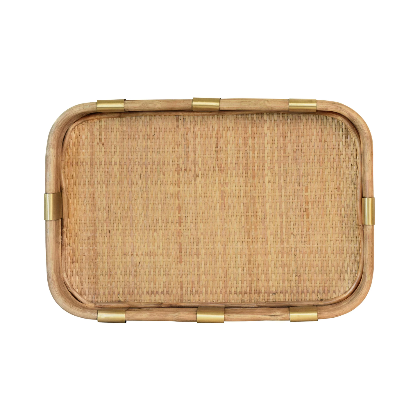 Rectangular Natural Rattan Tray With Brass Rim And Rounded Corners