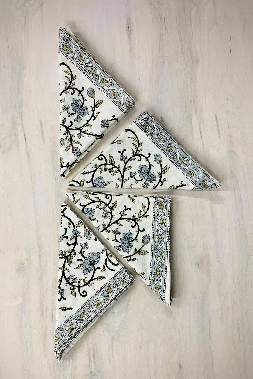 Silver Floral Block Print Napkin Set