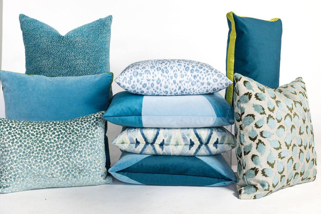 Lottie Aqua & Green Spotted Velvet Throw Pillow: Mineral / 14x20"