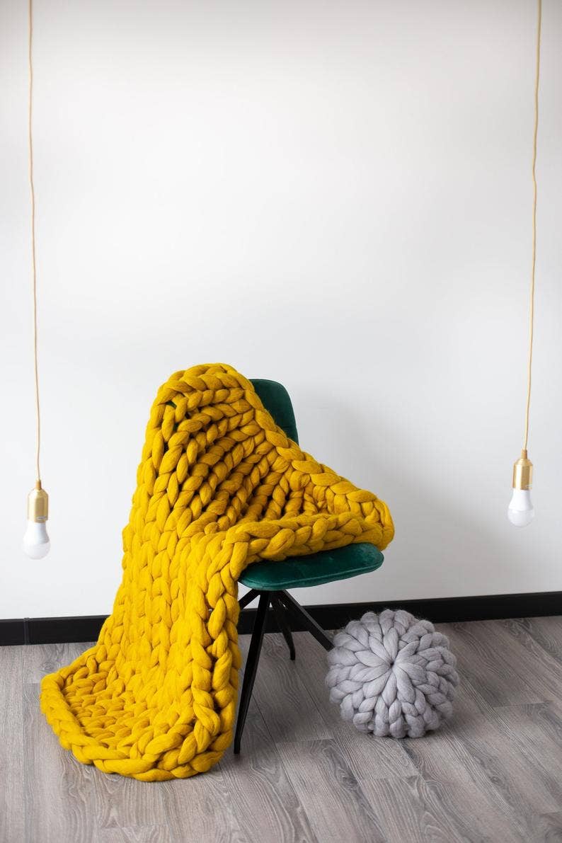 Chunky Knit Blanket 100% Merino Wool Arm Knit Blanket: Grey / 30x50 inches