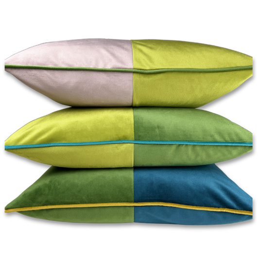 Andrews Lima Green and Petrol Blue Velvet Throw Pillow: Lima/Petrol/Brass / 22x22"